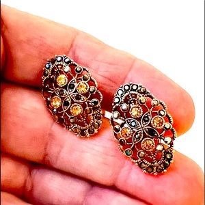 MONET Vintage Earrings Amber Rhinestones and Marcasite Gold Tone ClipOn